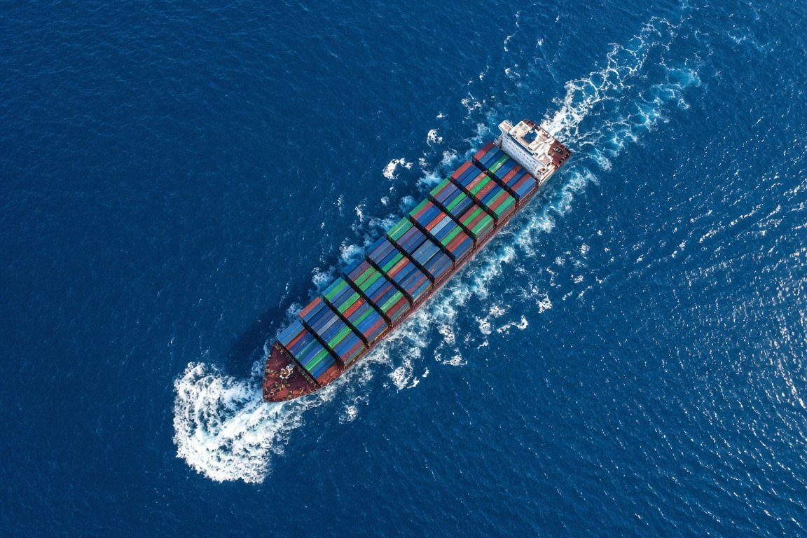 Aerial view looking straight down on a container ship crossing deep blue open ocean, its wake trailing white behind it