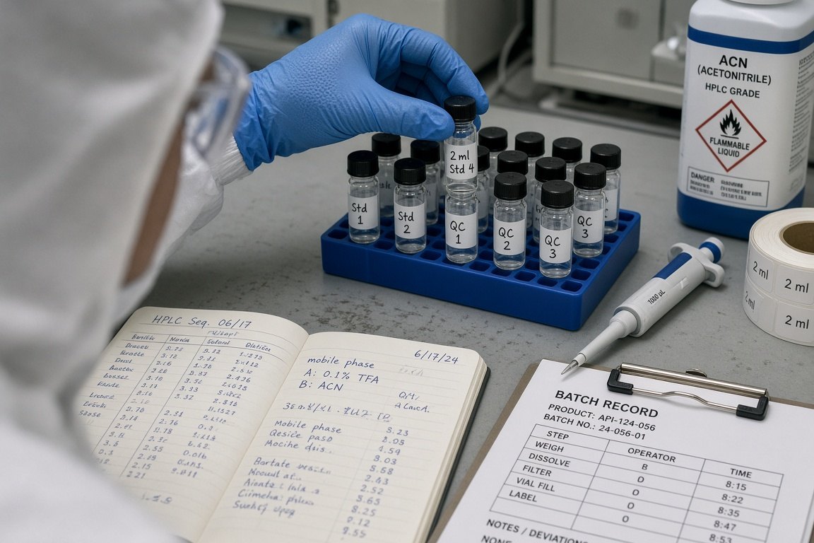 Gloved technician placing a labelled sample vial into a rack beside a lab notebook and batch record