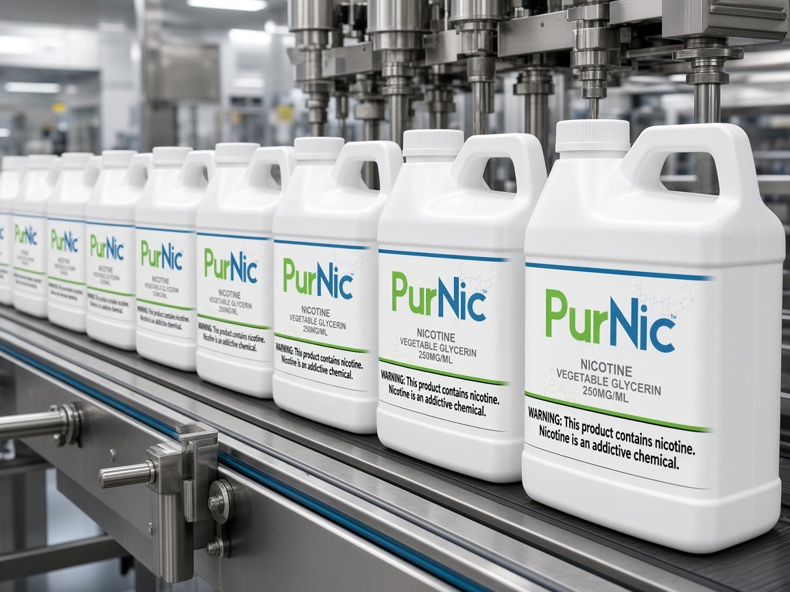 Labelled PurNic gallon jugs moving along a stainless-steel filling line in a cleanroom