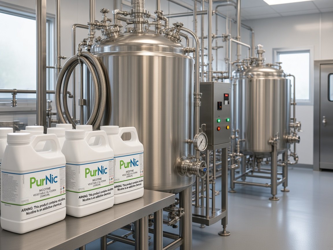 Labelled PurNic gallon jugs on a steel table in front of stainless-steel blending vessels, valves and a control panel in a cleanroom