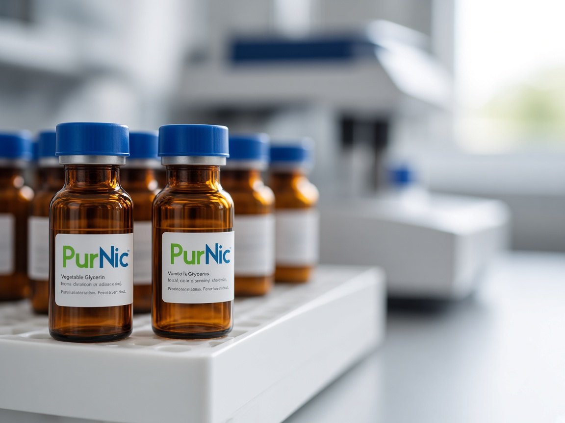 A rack of amber autosampler vials with PurNic sample labels on a laboratory bench, in front of a chromatography instrument