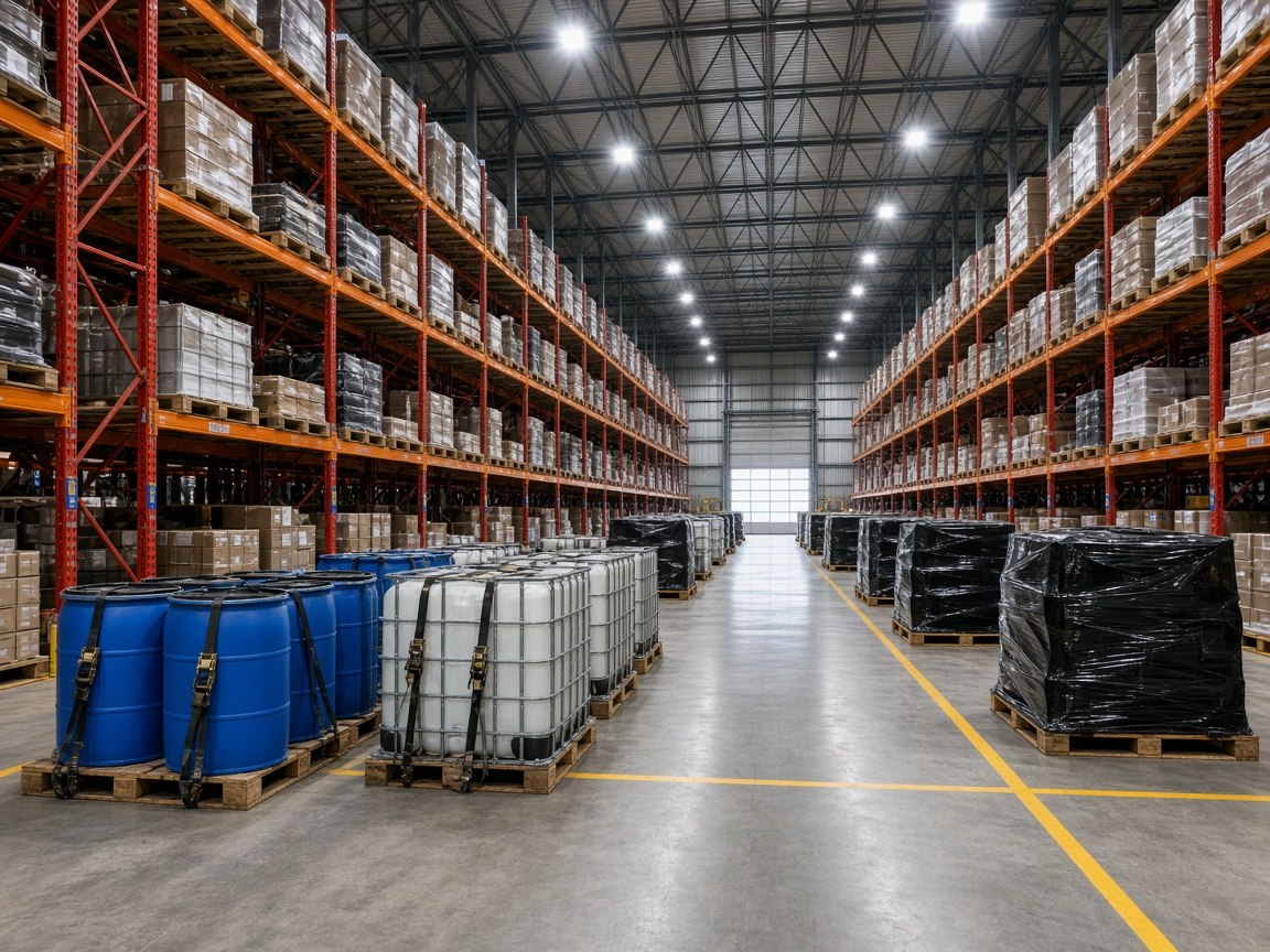 Strapped drums, totes and shrink-wrapped pallets staged in the aisle of a high-bay warehouse racked to the roof
