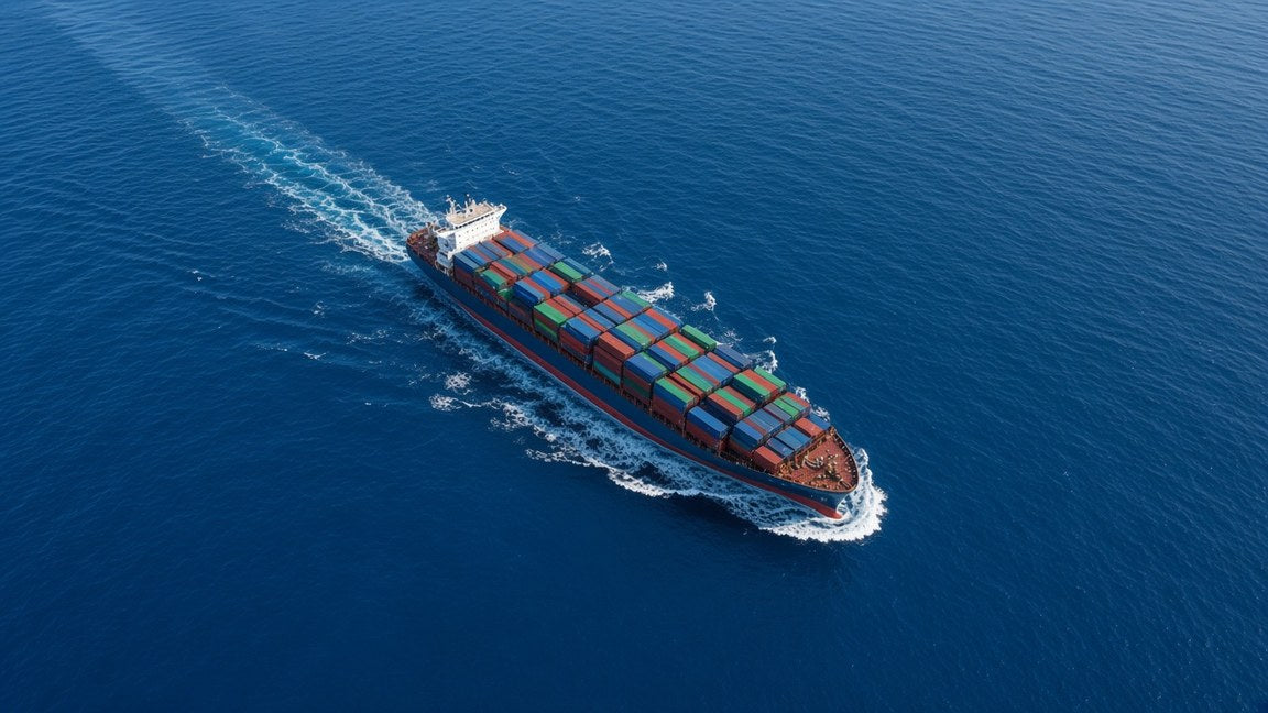 A container ship crossing open ocean, seen from directly above