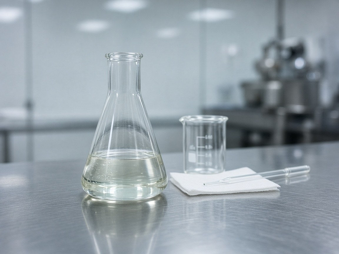 A glass Erlenmeyer flask of clear nicotine extract on a stainless steel bench in our laboratory