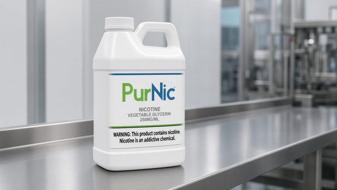A finished PurNic gallon, labelled and capped, standing on a stainless steel bench in the cleanroom