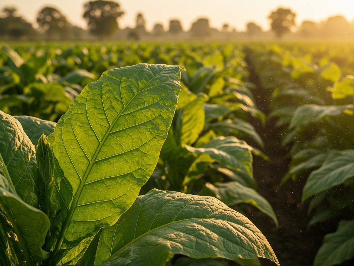 Broad green tobacco leaves growing in a field, lit low by late afternoon sun
