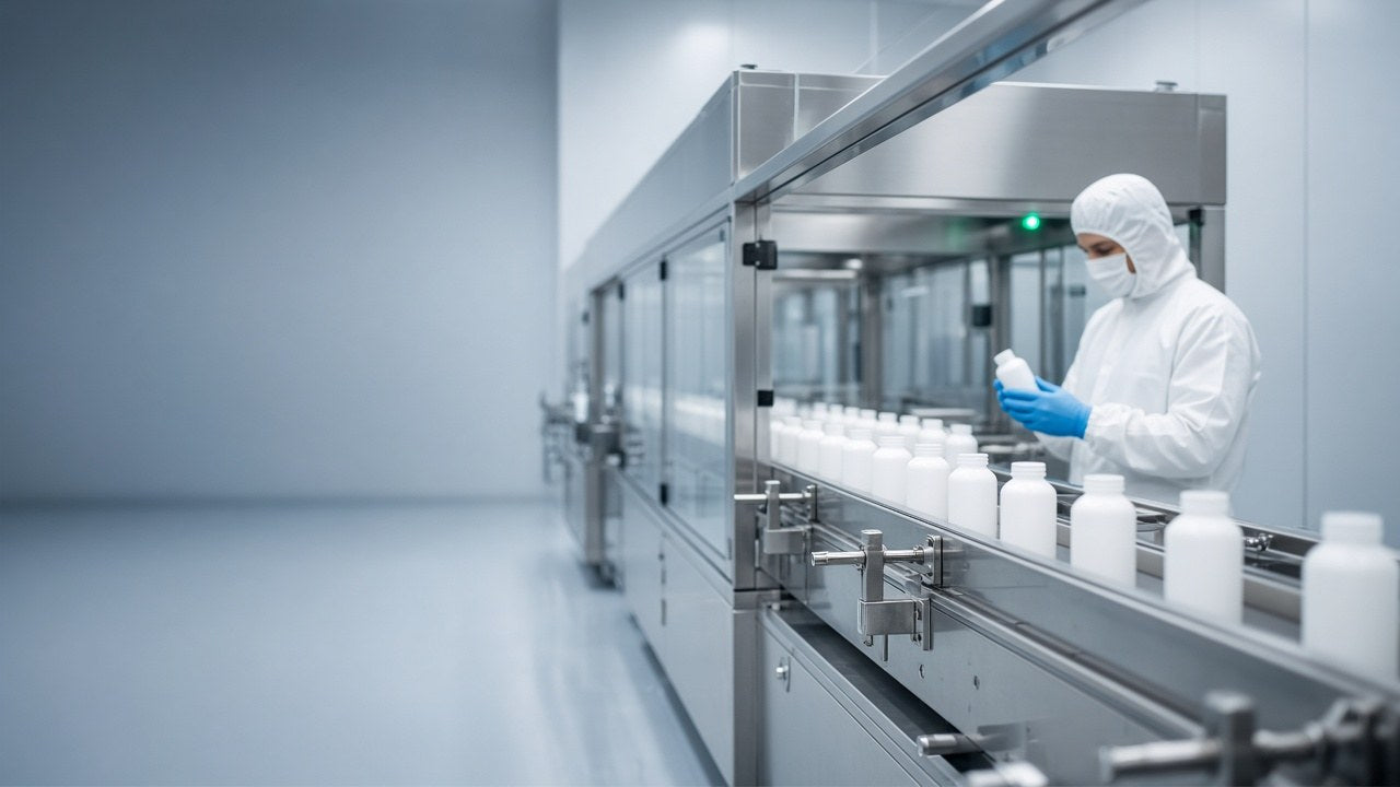 Technician in sterile coveralls inspecting a bottle on a stainless-steel filling line in the Nicotine River cleanroom
