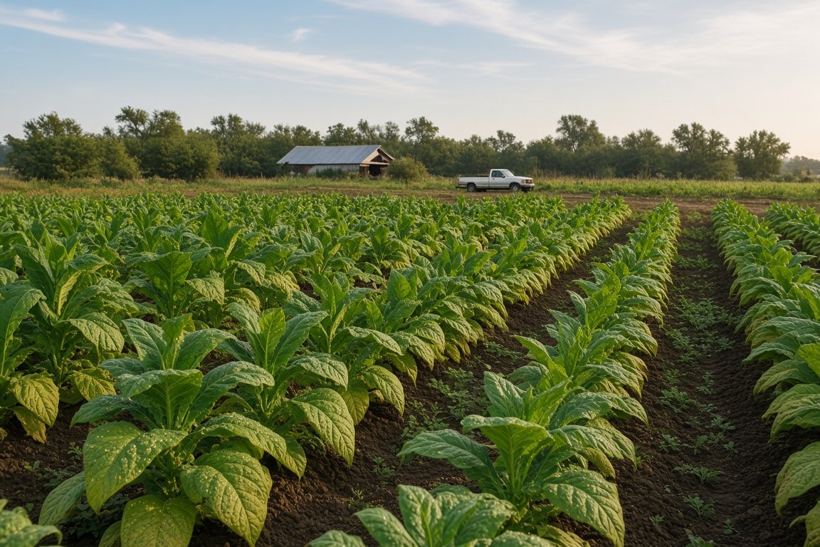 Rows of healthy tobacco plants in early-morning light, with a barn and pickup truck at the far end of the field